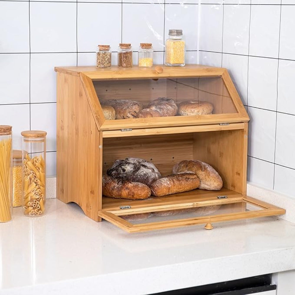 Double Layer Bamboo Bread Box Bread Bin with Transparent Window, Suitable for Kitchen and Dining Room, Pantry Organization Keeps Bread, Fruits, Snacks Fresh, Natural/Black