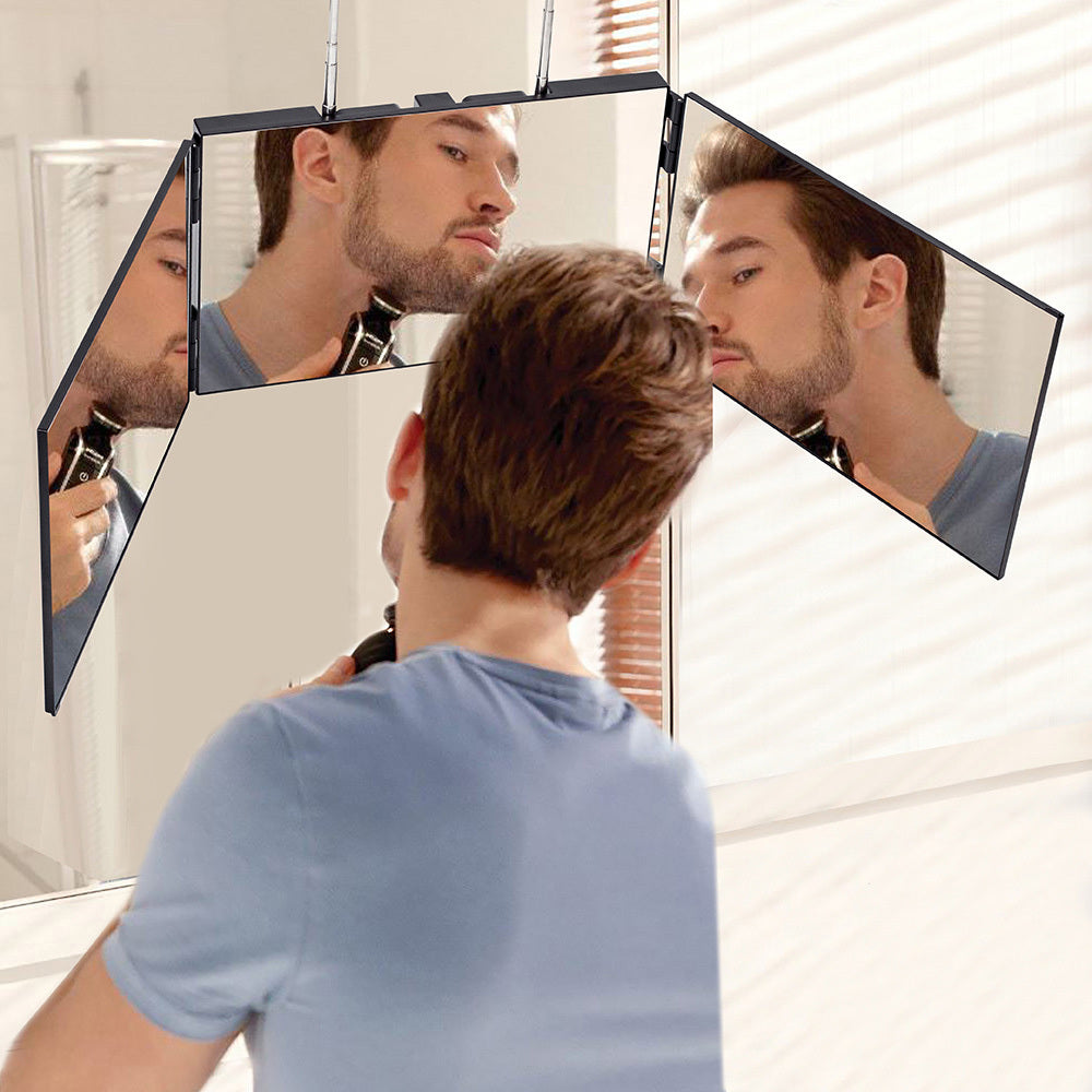 Multi-Functional Tri-Fold Makeup Mirror, Foldable Barbering Tri-Angle Mirror - Height-Adjustable, Hook-Mounted, Foldable, Wall-Mounted, Suitable for Self-Haircutting, Shaving, Grooming, Facial Treatments and Makeup Application
