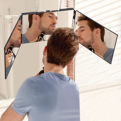 Multi-Functional Tri-Fold Makeup Mirror, Foldable Barbering Tri-Angle Mirror - Height-Adjustable, Hook-Mounted, Foldable, Wall-Mounted, Suitable for Self-Haircutting, Shaving, Grooming, Facial Treatments and Makeup Application