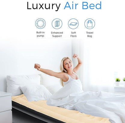 Double Inflatable Air Mattress, Air Bed with Built-in Electric Pump, Double Blow Up Mattress in 3 Mins Self-Inflation, Flocked Surface Guest Airbed for Home Portable Camping