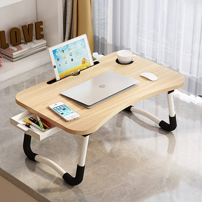 Foldable Laptop Bed Table with Drawer - MDF Wood Desk with Cup Holder, Tablet Slot, Anti-Slip Legs - Portable Laptop Desk Bed Sofa Tray for Breakfast, Gaming, Eating, TV, Studying, Drawing And Crafts