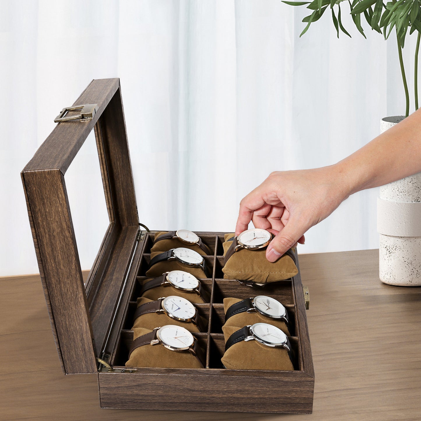 Uten Watch Box 10 Slots, Watch Case with Glass Lid, Watch Display Storage Box for Men and Women, Removable Watch Pillows, PU leather