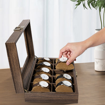 Uten Watch Box 10 Slots, Watch Case with Glass Lid, Watch Display Storage Box for Men and Women, Removable Watch Pillows, PU leather