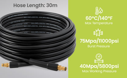 30M Pressure Washer Drain Cleaning Hose Kit Sewer Jetter Hose 5800PSI/400Bar for Washer Gun Includes 4 Adapters, 2 Corner & Rotating Nozzles for Cleaning Sewers, Sinks and Drains.
