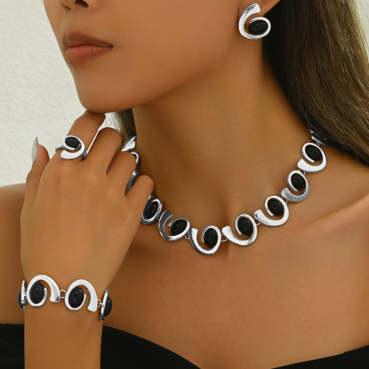 4pcs/Set Silvery Women'S Fashionable Easy Necklace Earrings Bracelet Ring Set Geometric Oval Black Acrylic Inlaid Spiral Stitching Beaded Pendant Necklace Bracelet Earrings Ring Boho Spiral Design Jewelry Set