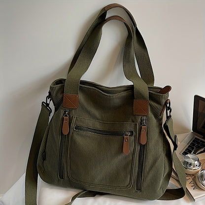 Corduroy Tote Bag Women Large Capacity – Adjustable Shoulder Strap, Multi-Pocket Crossbody Handbag for Work, Shopping & Daily Commute | Beige Vintage Style