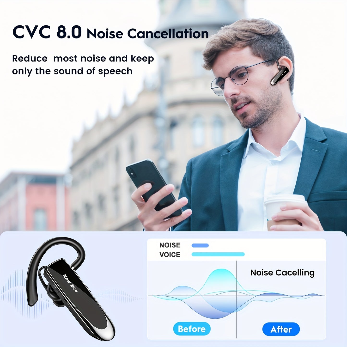 New Bee Single-ear Wireless Headset, B41 Wireless In-ear Earphones, Automatic Noise-cancelling Headphone, Available In Two Options: Earphone Storage Bag + Earphones And Single Earphone, Suitable For Office Work, Driving, And Courier Delivery