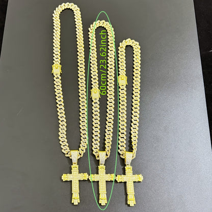 Hip-Hop Plus Size Large Pendant Full Rhinestones Double Layer Thickened Cross Hollow Buckle 14mm Wide Cuban Chain Necklace New Product Creative