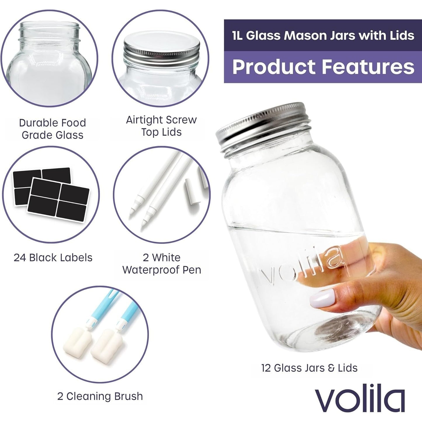 Mason Jars With Lids - 1 Litre Leakproof Glass Jars with Lids. Labels, Pen and Sponge - 12 Pack Large Mason Jar as Preserving Jars, Salad Jars, Overnight Oats Jar, and Pickling Jars