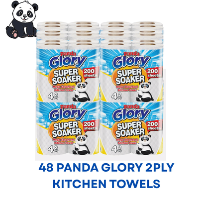 48 X Panda Glory 2-Ply Kitchen Towel 4-Pack Paper Rolls | White Paper Embossed | Strong & Functional