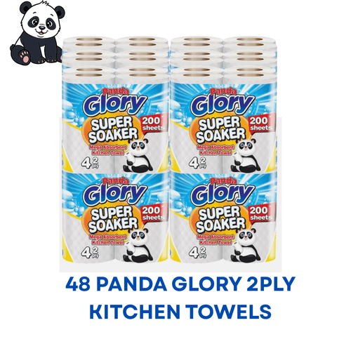 48 X Panda Glory 2-Ply Kitchen Towel 4-Pack Paper Rolls | White Paper Embossed | Strong & Functional