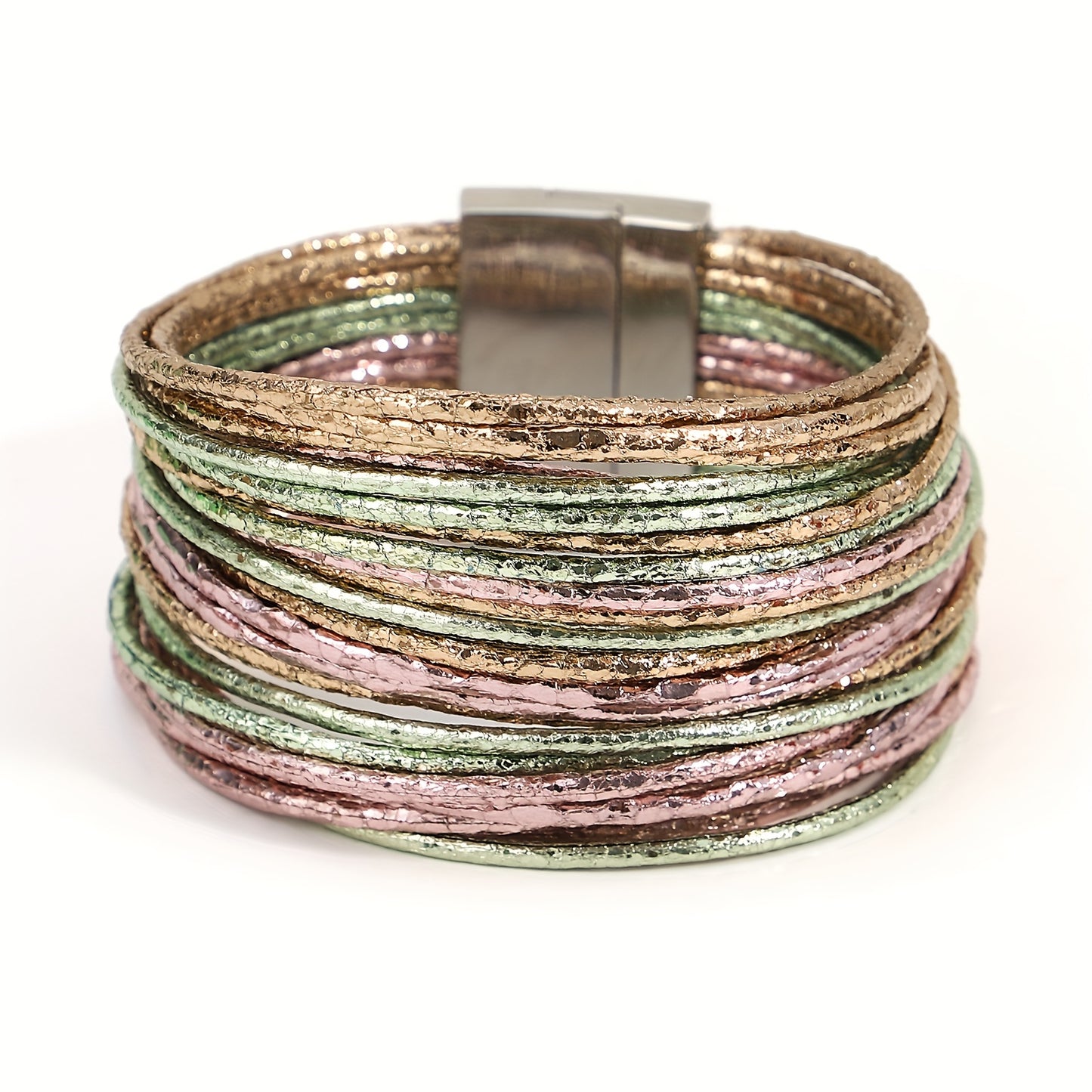 1pc Slim Stripes Wide Multilayer Wrap Bracelet Metallic Shiny Glitter Artificial Leather Cuff with Magnetic Clasp Jewelry for Men Women Holiday Party Birthday Gifts