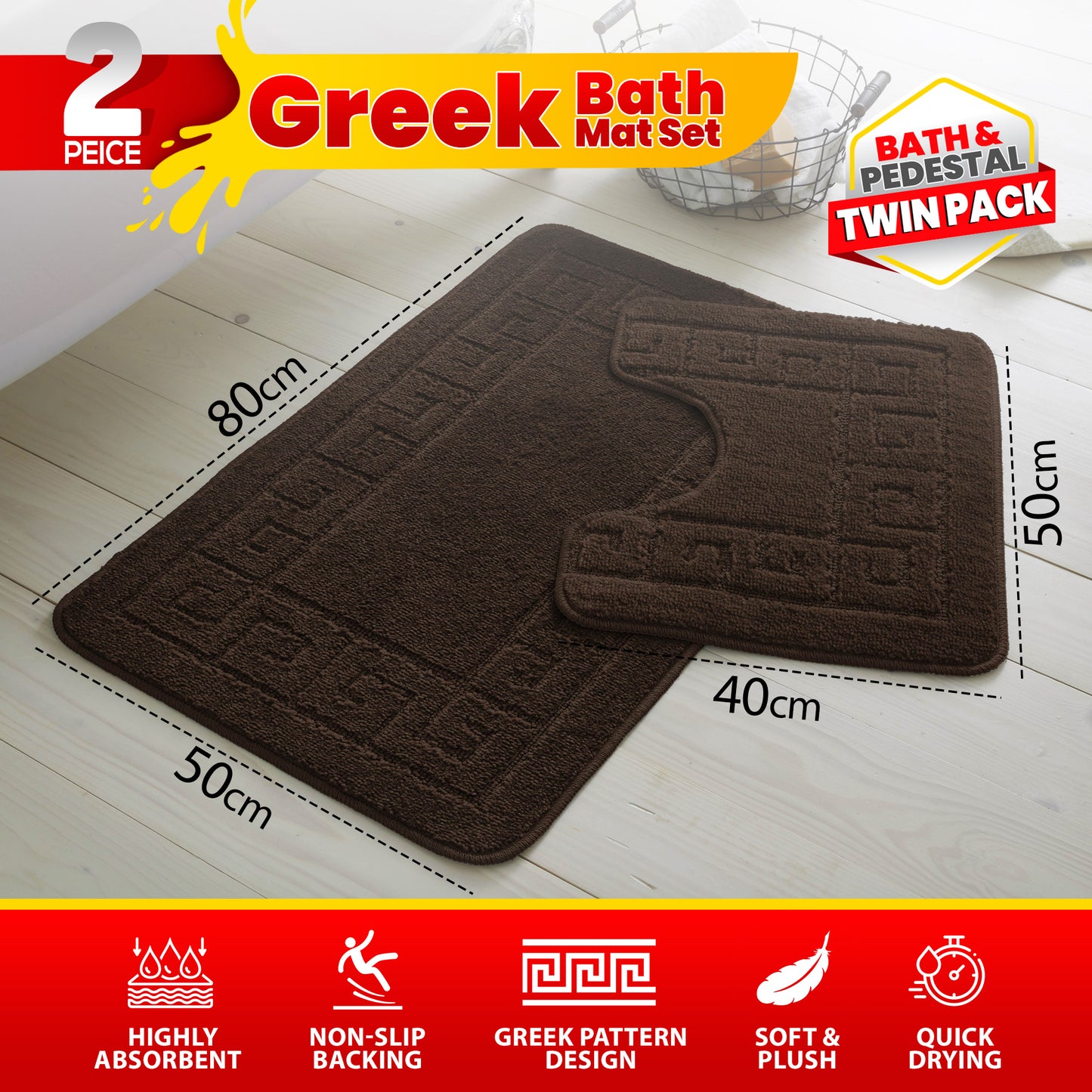 GC GAVENO CAVAILIA 2 Piece Greek Pattern Bathroom Mat Set | Soft & Plush 100% Polyester Bath Mat and Pedestal Rug | Non-Slip Backing, Highly Absorbent, Quick Drying |Machine Washable Bathroom Rugs | Ideal for Everyday Use | LOCAL WAREHOUSE | UK BRAND