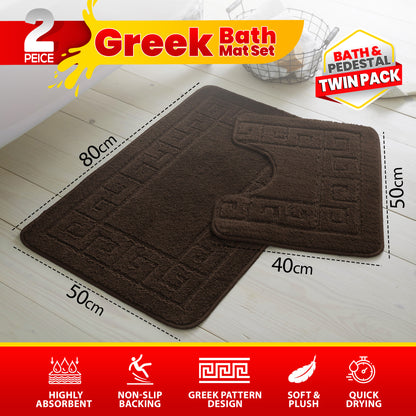 GC GAVENO CAVAILIA 2 Piece Greek Pattern Bathroom Mat Set | Soft & Plush 100% Polyester Bath Mat and Pedestal Rug | Non-Slip Backing, Highly Absorbent, Quick Drying |Machine Washable Bathroom Rugs | Ideal for Everyday Use | LOCAL WAREHOUSE | UK BRAND