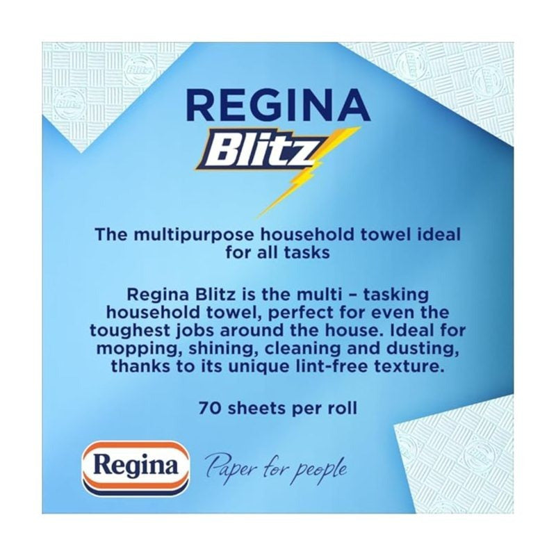 Regina Blitz Household Towels – 12 Rolls Per Pack, 3-Ply Kitchen Roll, 70 Sheets Per Roll, Paper Packaging