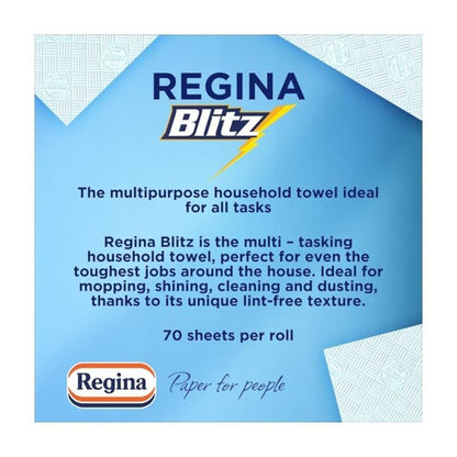 Regina Blitz Household Towels – 12 Rolls Per Pack, 3-Ply Kitchen Roll, 70 Sheets Per Roll, Paper Packaging