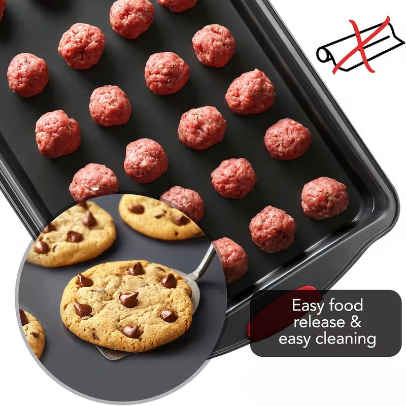 3pcs Heavy-Duty Carbon Steel Non Stick Baking Tray Set - Commercial Grade Oven Biscuit Baking Tray with Red Silicone Texture Anti Slip Layer, No Sharp Edges, Suitable for Home And Professional Kitchens, Ovens, Grills, Compatible with Various Baking Scenar