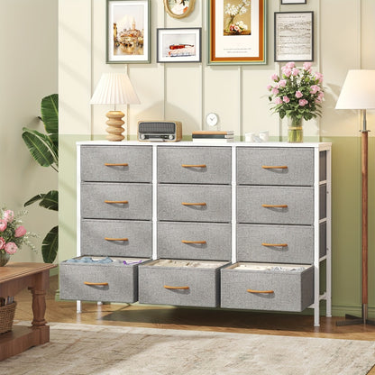 12 Drawer Chest of Drawers Fabric with Wooden Frame & Gold Handles – Tall Storage Unit for Bedroom Living Room Hallway Deep Grey Beige