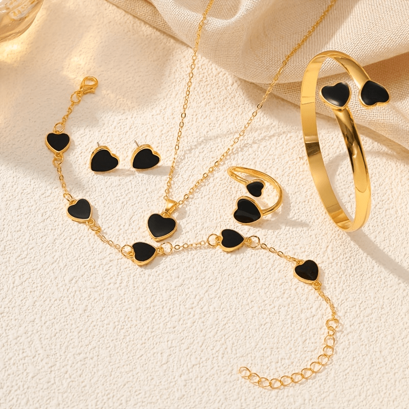 1 Pair of Stunning Earrings+1 Necklace+1 Bracelet+1 Bracelet+1 Ring - Full Set of Lucky Flower Or Peach Heart (Randomly Shipped) Design Alloy Jewelry, Artificial Gemstones, Fashionable Women'S Gifts
