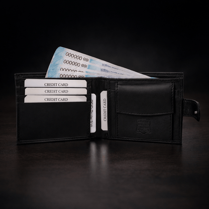 Mens Genuine Leather Wallet Black RFID Blocking Soft Bi Fold Card Slots and Coin Pocket
