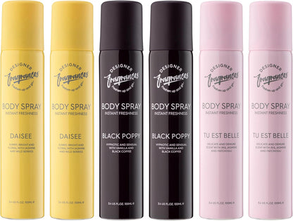 Designer Fragrances 6 Pack Assorted Aromas Bundle - Tu Est Belle, Orchyd, Alise - Women's Body Spray Deodorant Cans - For Instant Freshness on The Go - Long Lasting Smell, Great Gifts - 100ml