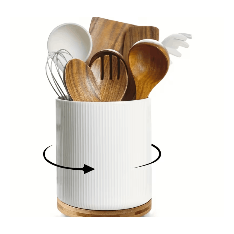 360° Rotating Ceramic Kitchen Organizer with Detachable Bamboo Base – Space-Saving Utensil Holder for Countertops, Perfect for Cooking Tools, Flower Vases, and Whisky Glasses, Kitchen Accessories