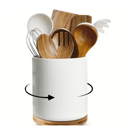 360° Rotating Ceramic Kitchen Organizer with Detachable Bamboo Base – Space-Saving Utensil Holder for Countertops, Perfect for Cooking Tools, Flower Vases, and Whisky Glasses, Kitchen Accessories