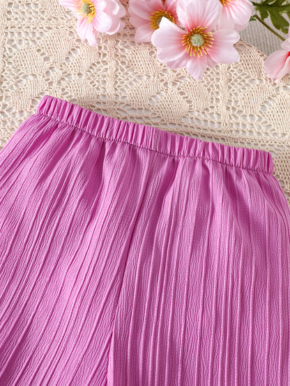 2pcs Set. Girls' Tank Top and Wide-leg Pants Set, Featuring Stylish Lace Trim and Ruffle Details. Simple and Fashionable Design. Ideal for Girls' Daily Casual Wear in Spring and Summer. Suitable for Girls Aged 1-8 for Daily Leisure and Sports