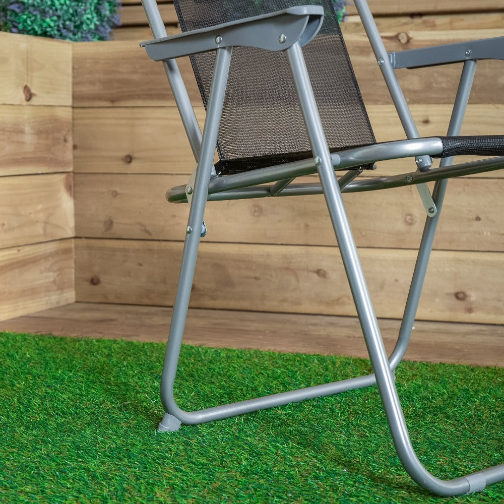 Pack of 2 Foldable Garden Chairs Powder-Coated Grey Metal Frame Black Fabric Seat Lightweight Portable Outdoor Folding Chair