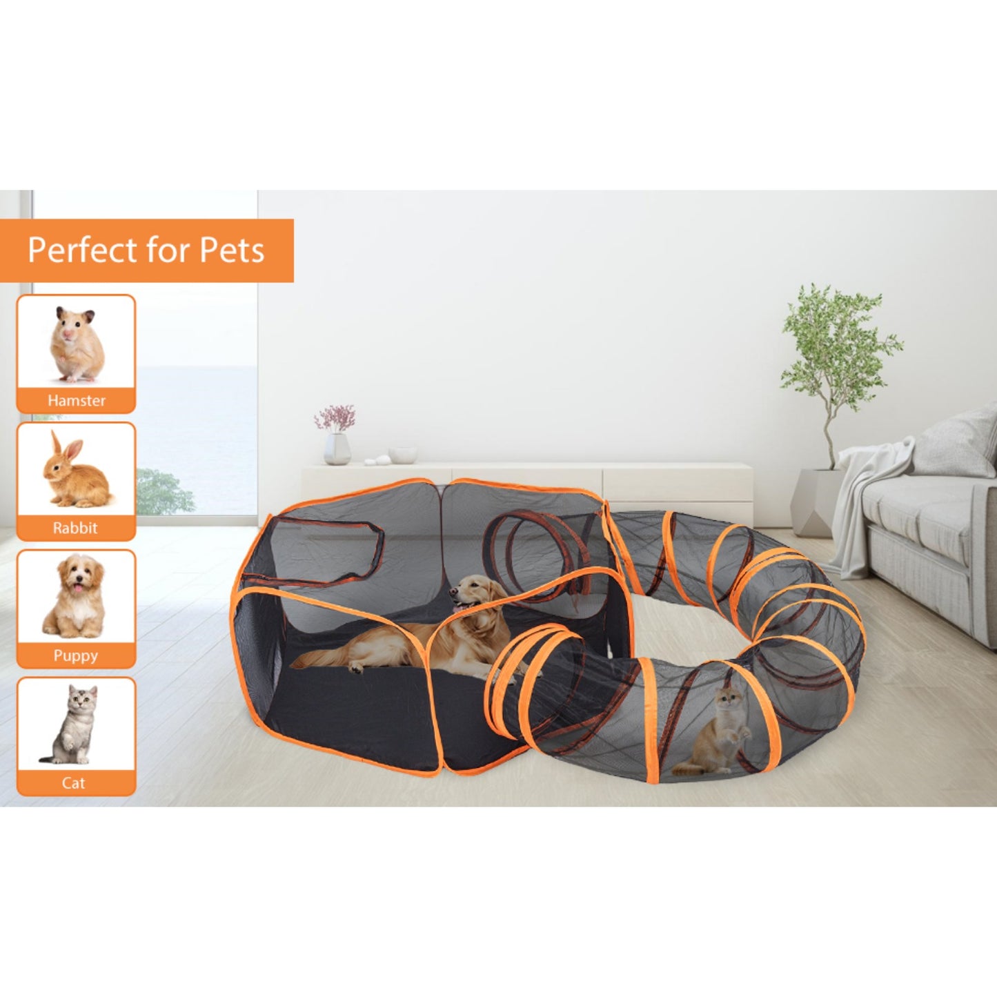 Foldable Cat Playpen with Tunnel, Durable Outdoor Cat Tent, Portable Enclosure for Cats and Small Animals, Ideal for Indoor and Outdoor Play (2 in 1)