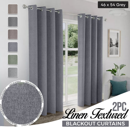 2pcs Linen Textured Blackout Curtains – Linen-Look Coated Thick Fabric Grommet Top Drapes for Bedroom & Living Room, Noise Reducing Energy Saving Window Panels for Home Decor 135GSM