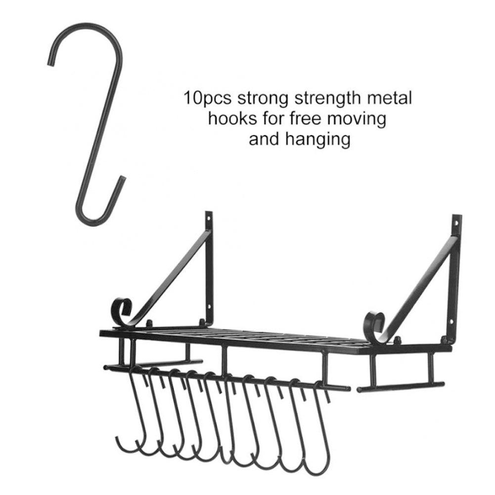 10-Hook Heavy Duty Metal Wall-Mounted Kitchen Organizer, Multifunctional Hanging Rack for Pots, Pans, and Cooking Utensils Storage, Space Saving Design for Small Kitchens