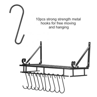 10-Hook Heavy Duty Metal Wall-Mounted Kitchen Organizer, Multifunctional Hanging Rack for Pots, Pans, and Cooking Utensils Storage, Space Saving Design for Small Kitchens