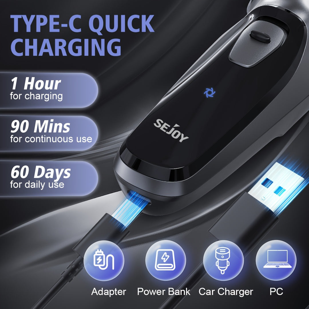 SEJOY Men' Electric Razor - Wet/Dry Shaver with Pop-Up Trimmer, 1-Hour Quick Charge, 3D Floating Head & LCD Power Display - Rechargeable - Shaver Suitable for Face & Body Hair