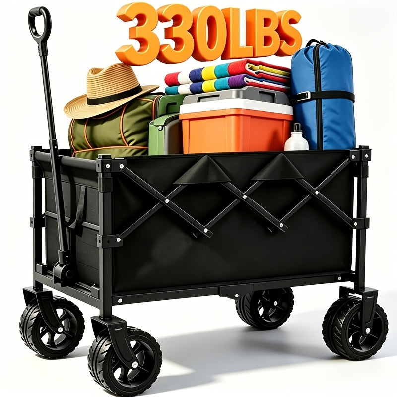 Large Heavy- Duty Folding Wagon- with All- Terrain Wheels, Utility Grocery Wagon, with Two Side, Sturdy Construction, Rolling Storage Cart for Camping, Shopping, Gardening & Outdoor Activities 70.1x39.12x44.96cm
