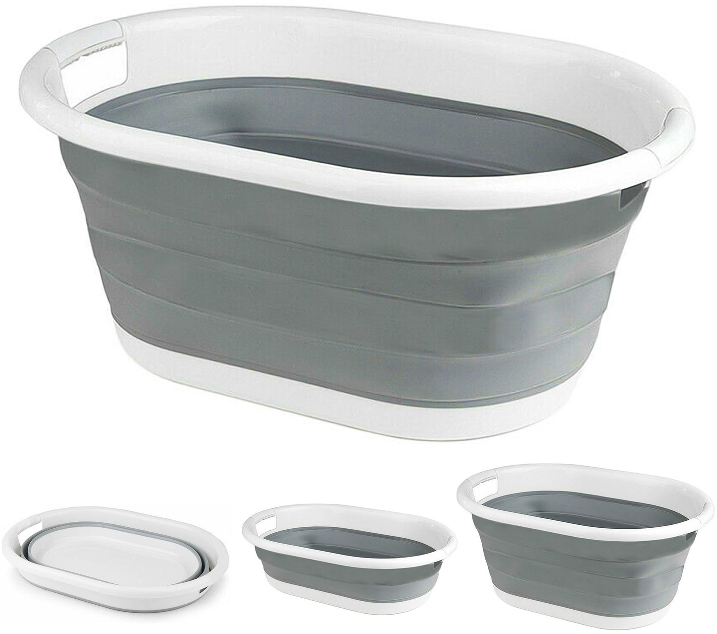Foldable Laundry Basket Plastic - Small Collapsible Washing Baskets for Clothes - Portable and Ideal for Space Saving Storage Oval Shape - Grey