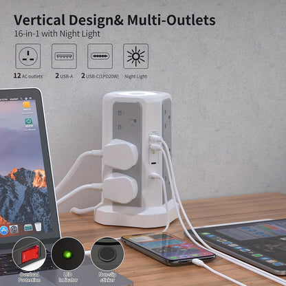 Upgraded New Product Tower Extension with USB Slots 3.02m, 20W Fast Charger with Night Light, (13A 3250W)5 USB Ports & 8 Way, Surge Protected Extension with 4 Independent Switch, Extension Cable for Home Office for Business for Factory