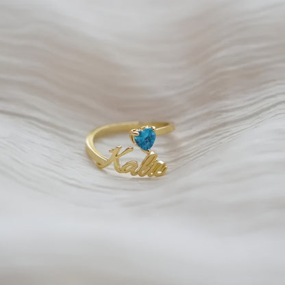 Personalized Heart Birthstone Ring, Custom Birthstone Golden Name Ring, Stainless Steel Elegant Nameplate Open Ring, Best Birthday Gift for Her, Birthstone Jewelry, Light Issues May Cause Color Differences in Birthstones