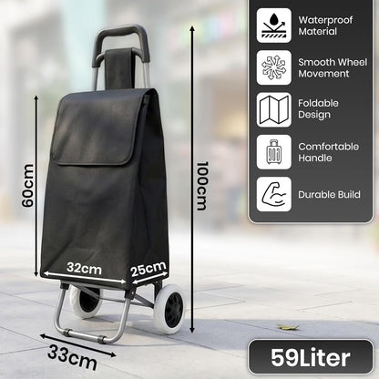 59L Folding Shopping Trolley on Wheels, Lightweight Foldable Grocery Cart with Large Waterproof Bag & Zipped Pocket for Grocery Shopping, Travel & Camping (Black)