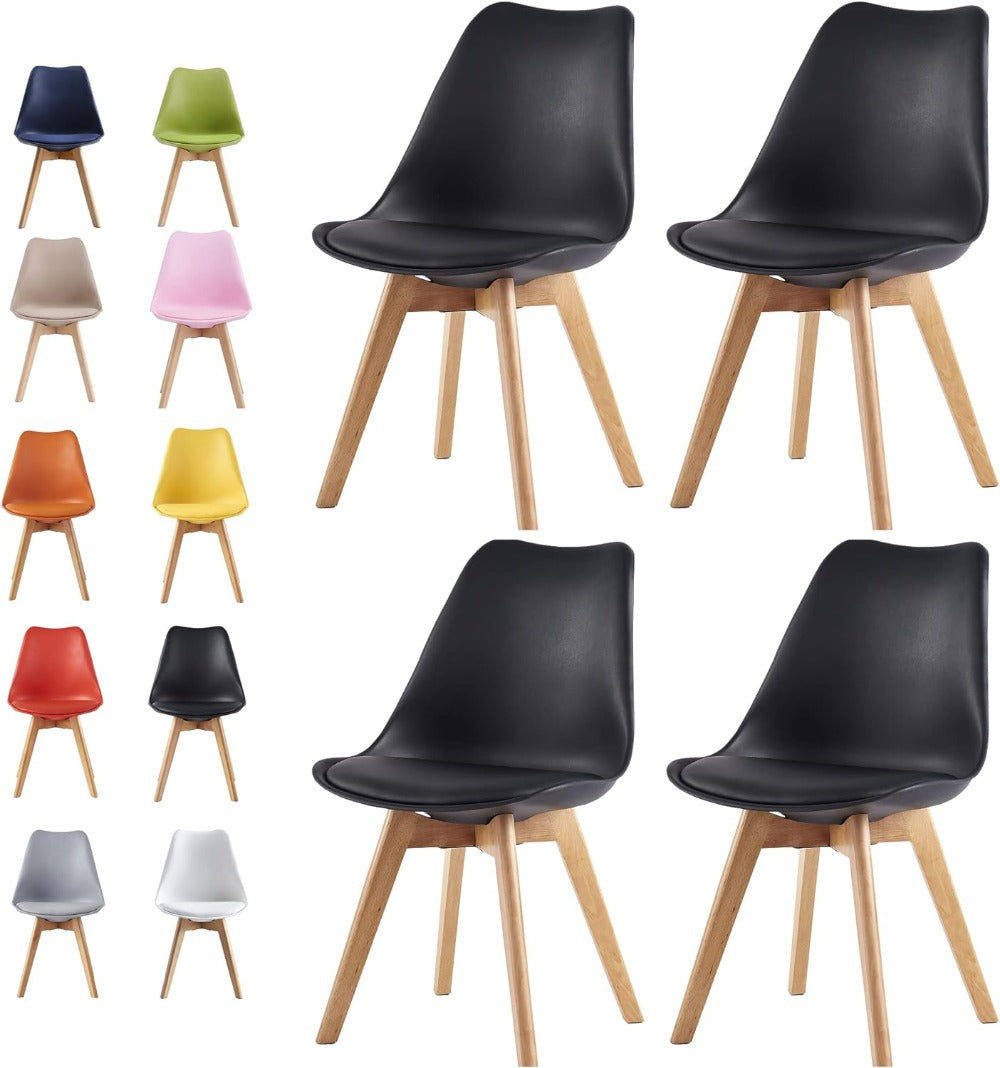 Set of 4 Dining Chairs with Wooden Legs & Cushion Pad - Retro Mid-Century Faux Leather Seat, 120kg Capacity, 7 Colours, UK Stock