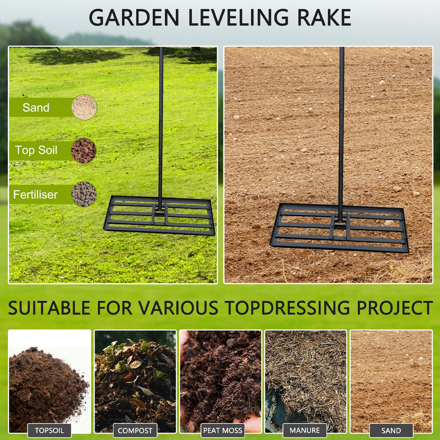 Lawn Leveling Rake, 30"x10" Level LawnTool, Heavy Duty Effort Saving Lawn Level Tool, Stainless Steel Handle Lawn Leveler for Yard Garden Golf Course, Ease Level Soil Sand Dirt Surfaces