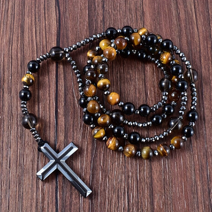 New Natural Tiger Eye Round Bead Long Chain Necklace with Black Agate Cross for Men