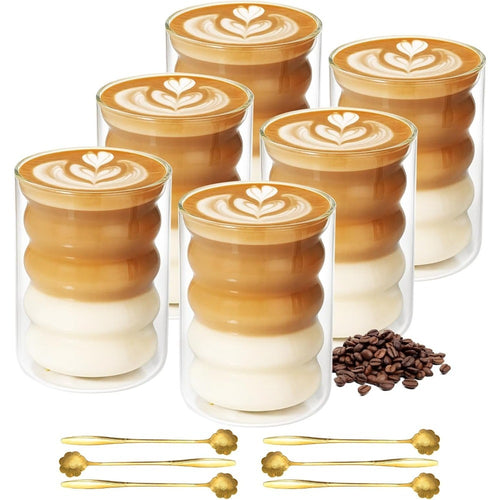 This 6-pack of double, walled glass coffee cups, each with a 330ml (11oz) capacity, keeps drinks hot or cold. Includes 6 spoons and is dishwasher safe. Perfect for serving tea, cappuccino, and latte at home, in a cafe, or in the office.