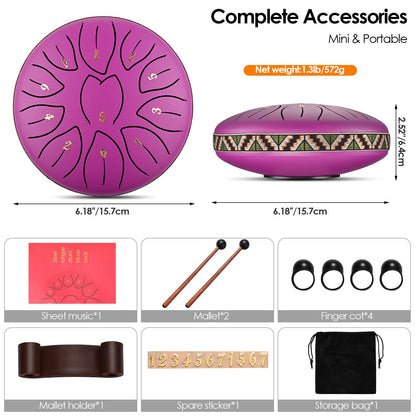 Steel Tongue Drum, 6 Inch 11 Tone Hand Pan Drum, Beginner Percussion Instrument with Carry Bag, Fingerpick, and Mallets for Meditation Yoga Sound Healing