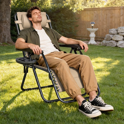 2pcs Zero Gravity Chairs, Fabric Foldable Patio Chairs Outdoor, Lounge Camping Chairs with Padded Pillow, Armrest, Footrest and Cup Holder - Textilene Fabric