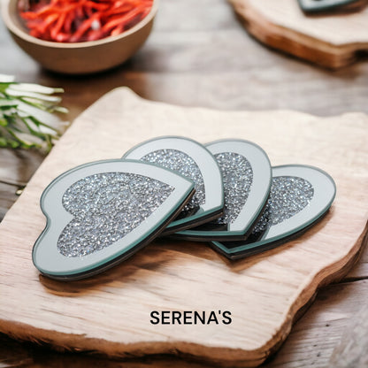 SERENA'S ® Set of 4 Heart Crystal Coasters – 10cm Glass Mirrored Drink Coasters with Glitter Crushed Diamond Design – Elegant Coasters for Home, Kitchen, Bar, or Table Decoration