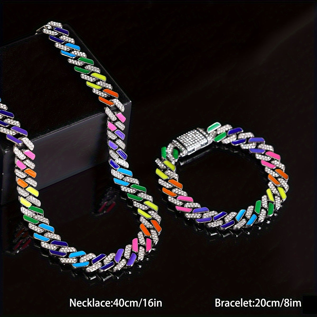 2pcs of Hip-Hop Fashion Style Colorful Oil Drop Spliced Innovative -Shaped Men'S Cuban Chain Fully Studded Necklace