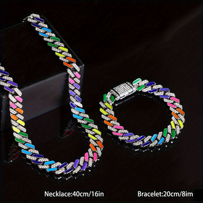 2pcs of Hip-Hop Fashion Style Colorful Oil Drop Spliced Innovative -Shaped Men'S Cuban Chain Fully Studded Necklace