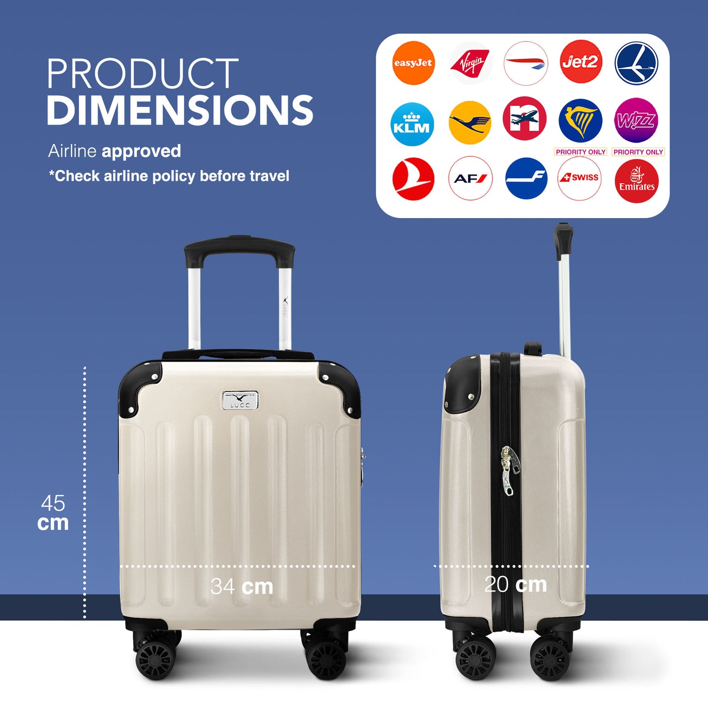LUGG Skywander 15 Inch (45x34x20cm) Lightweight Underseat Cabin Bag EasyJet Approved Carry-On Suitcase, Durable ABS Hard Shell, Smooth Double Spinner Wheels, Water Resistant & Compact Travel Luggage (45x34x20cm)
