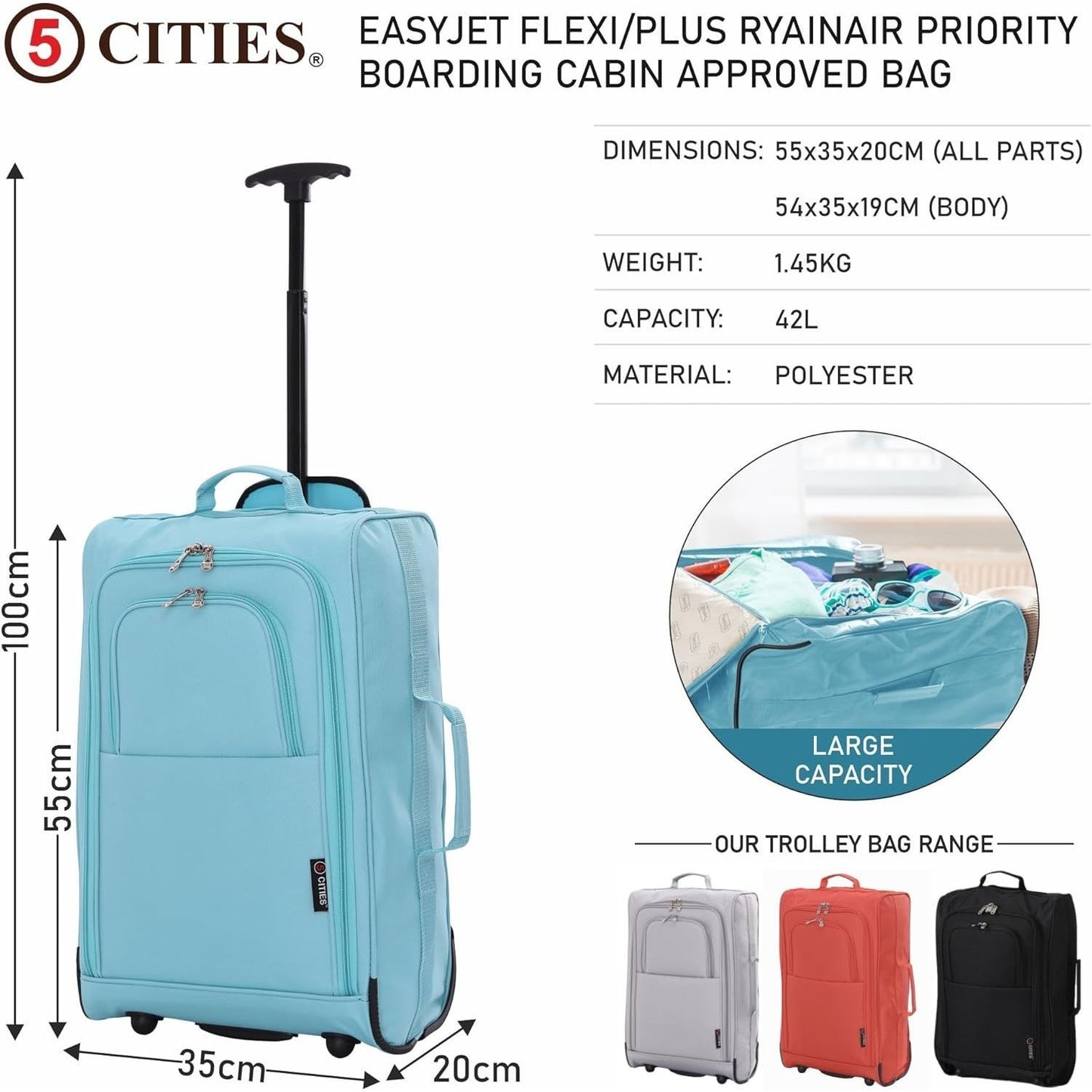 5 Cities 21” / 55cm Lightweight Carry On Travel Cabin Trolley Bag with Wheels, Cabin Approved Hand Luggage, 2 Year Warranty – Black